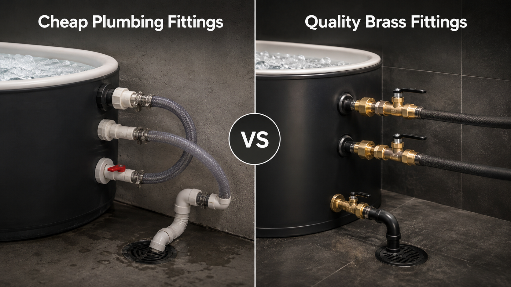 Side-by-side comparison of cheap plastic plumbing fittings versus quality brass fittings on an ice bath
