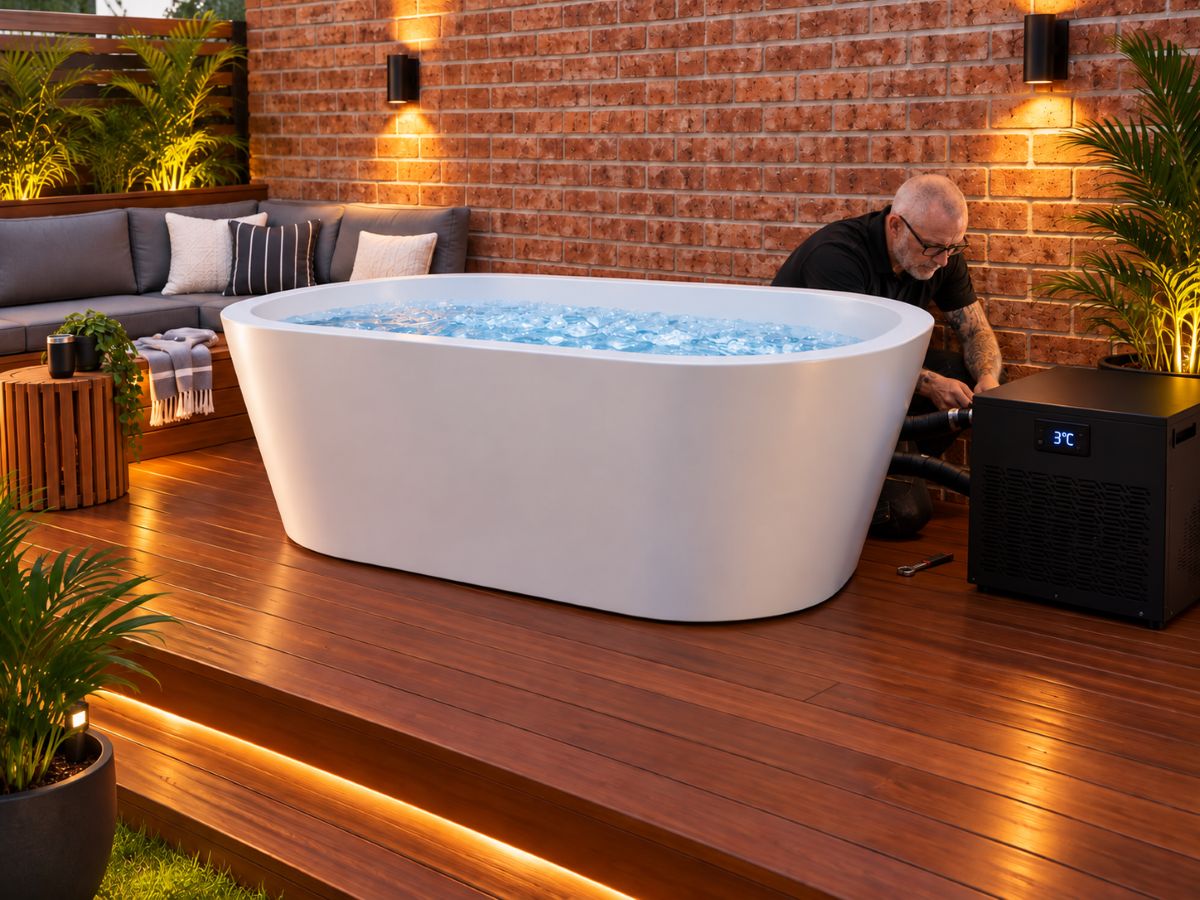 Technician installing a white oval ice bath and chiller on a timber deck at dusk