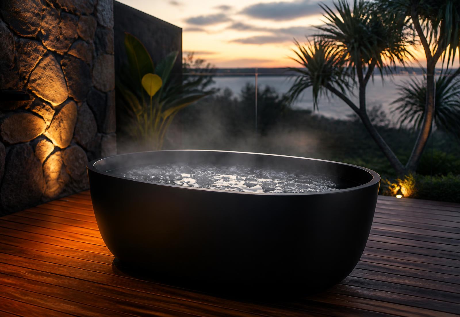 Premium freestanding ice bath installed on a timber deck at dusk